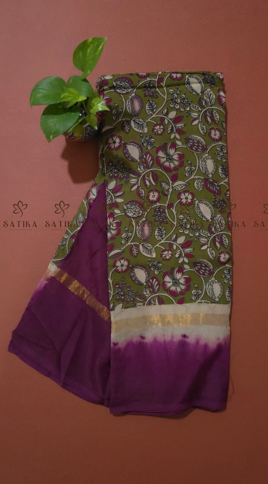 Kalamkari Silk – Olive Green with Purple Border