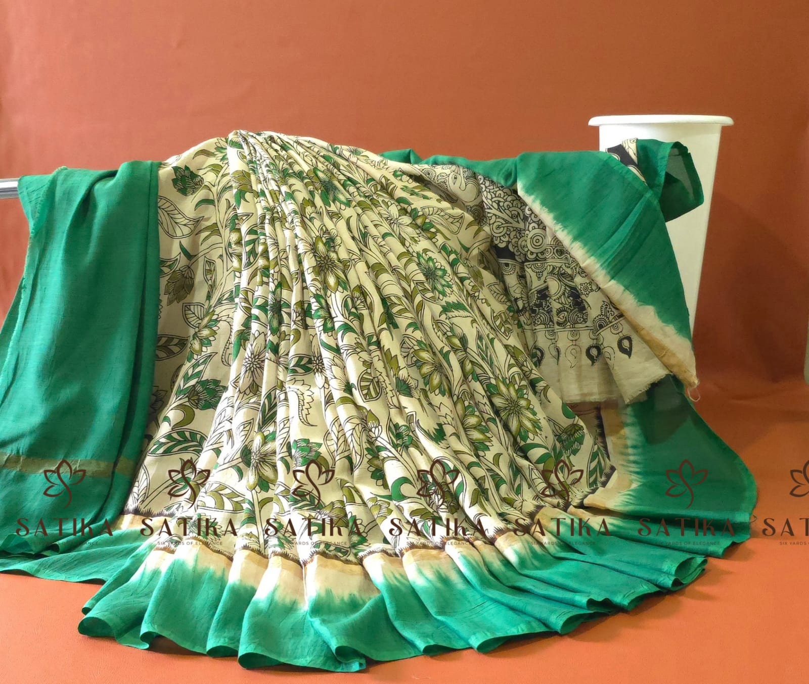 Kalamkari Silk – Beige with Leaf Green