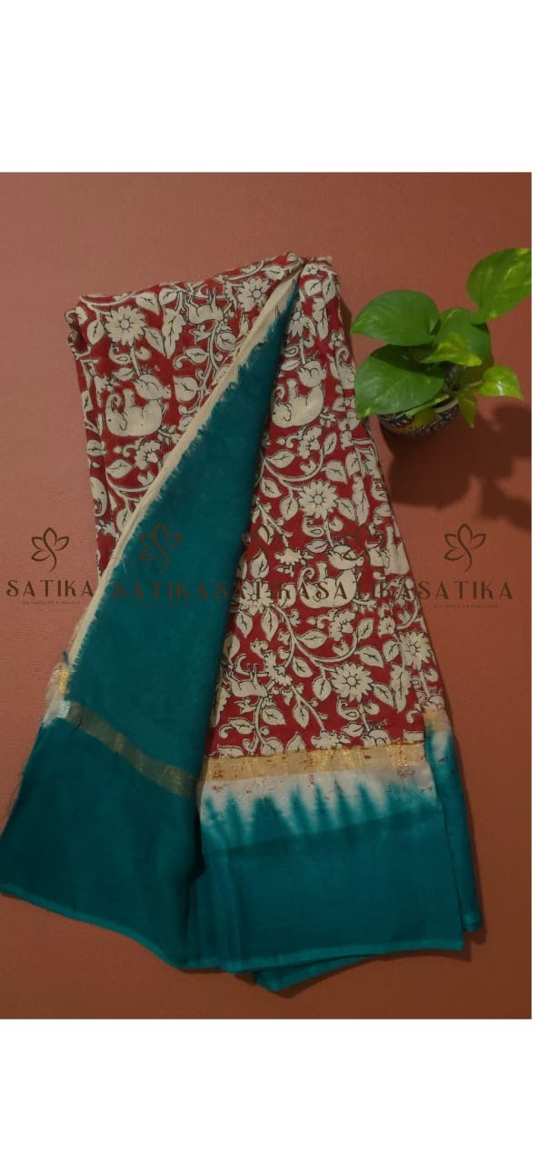 Kalamkari Silk – Brick Red with Peacock Blue