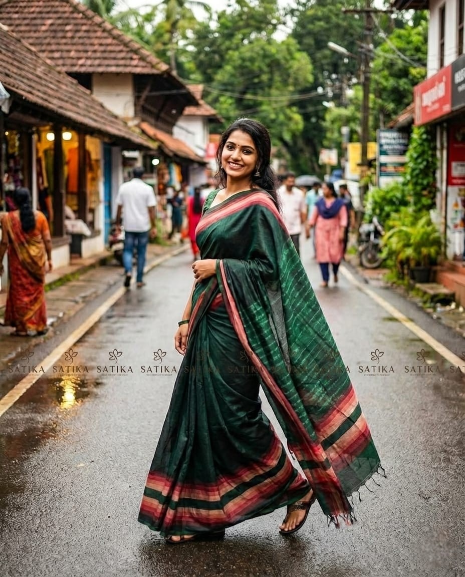 Muga Silk – Bottle Green with Peach Border