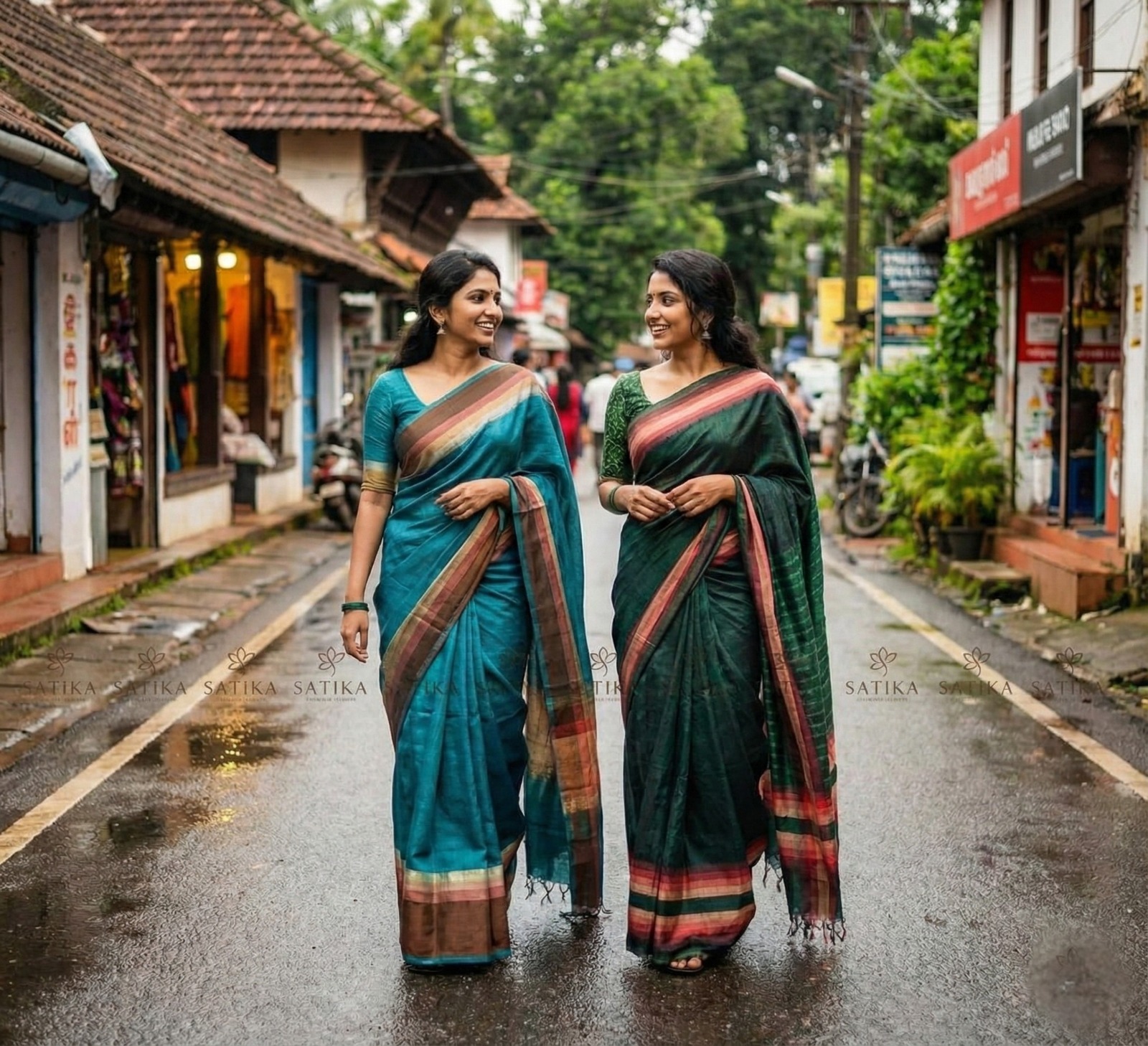 Muga Silk – Bottle Green with Peach Border