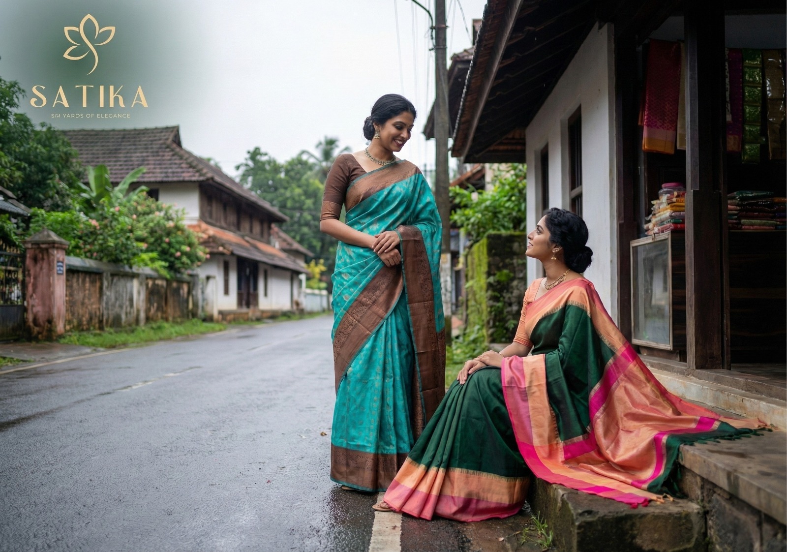 Muga Silk – Bottle Green with Peach Border