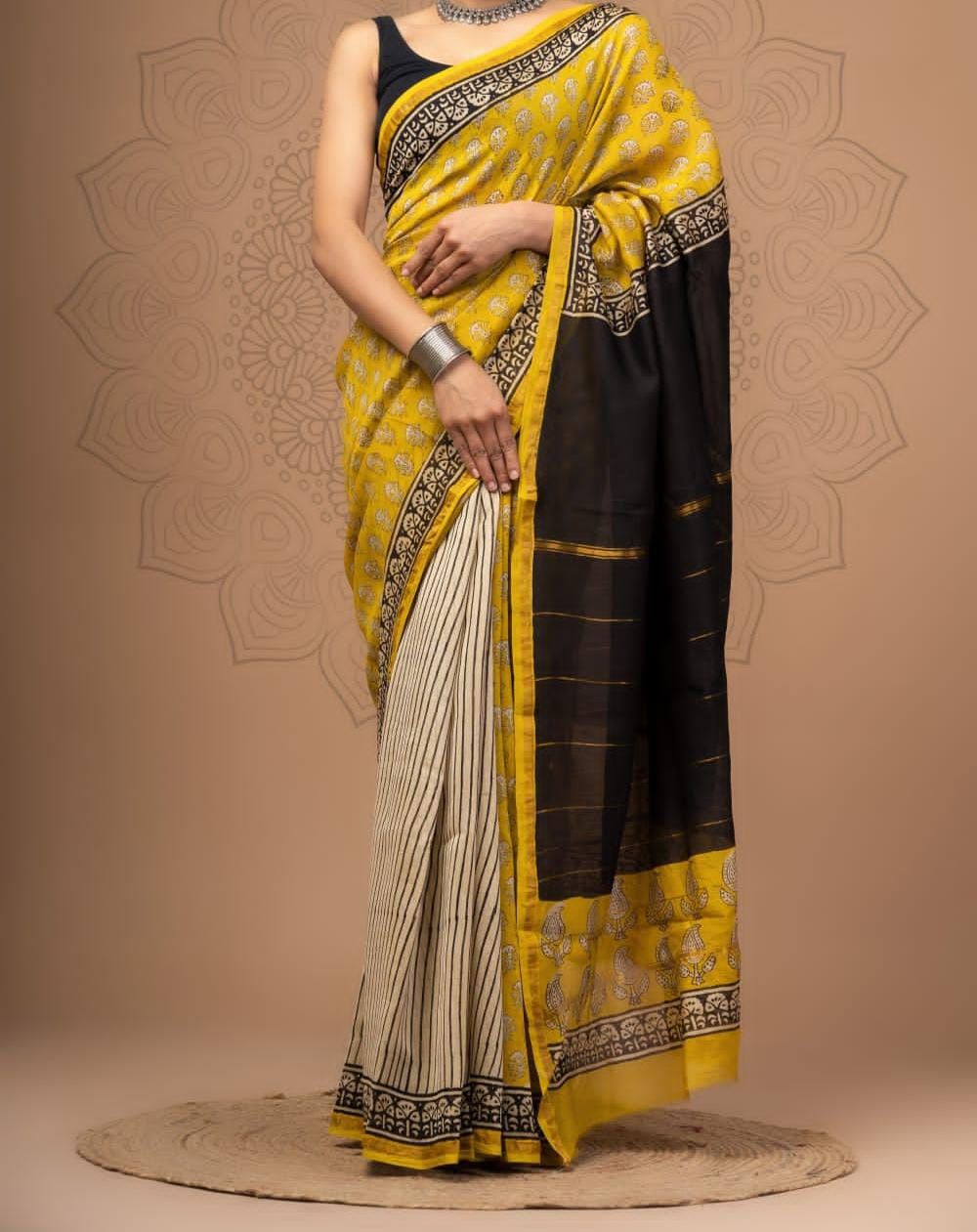 Yellow & Black Printed Saree